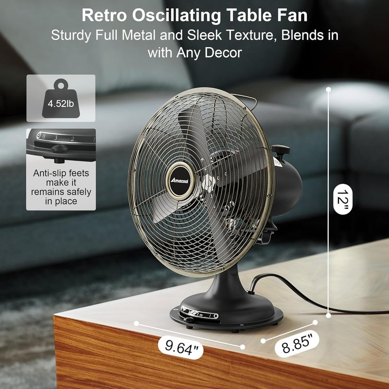 AMACOOL Oscillating Vintage Fan, All Metal 8" Retro Table Top Fan, Adjustable Head Tilt, Quiet 3 Speeds Plug-In Desk Fan for Bedroom Home Office & Kitchen - Image 5